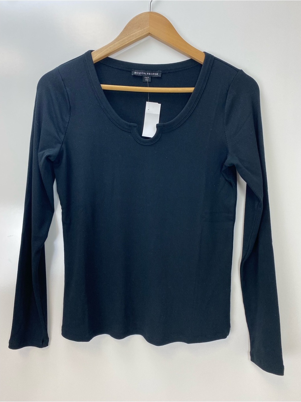 Boston Proper Black Long-Sleeve Scoop Neck Ribbed Top